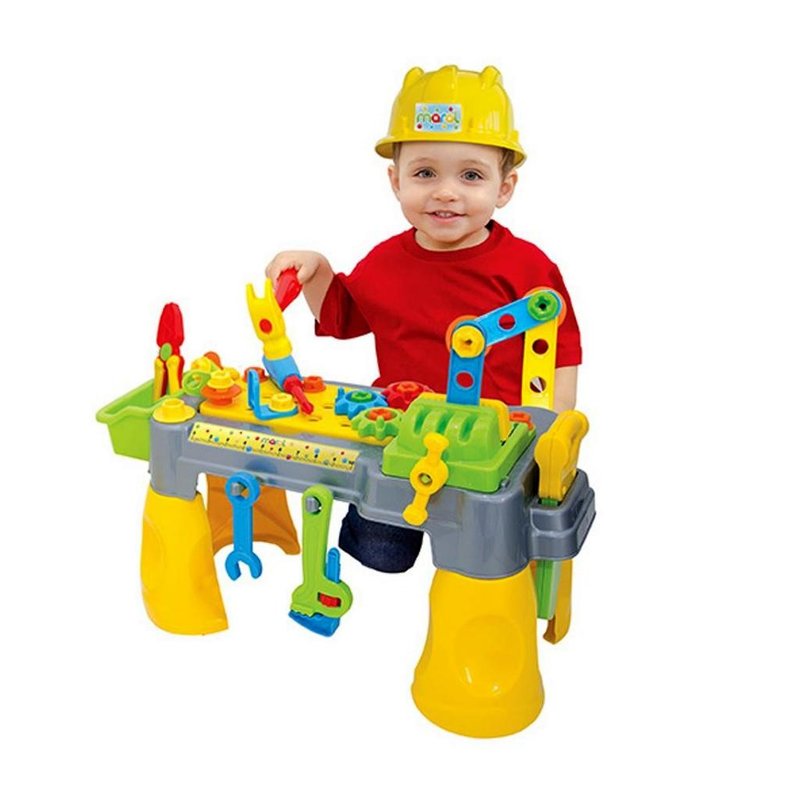 brinquedo bancadinha de ferramentas com capacete maral